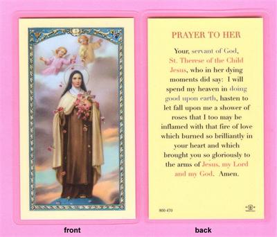 Prayer to St. Therese of the Child Jesus, Laminated Holy Card,. # 99825.|
