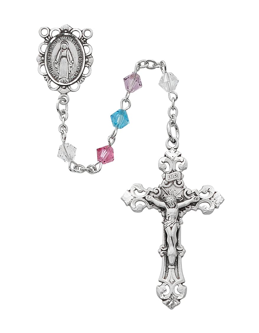 Miraculous Medal Rosary, 5mm Multi Color Beads, Rhodium Pewter Center and 1-5/8" Crucifix # 21188