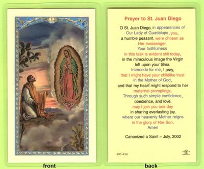 Prayer to St. Juan Diego, Laminated Holy Card,. # 99874.|