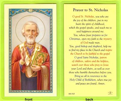Prayer to St. Nicholas, Laminated Holy Card,. # 99895.|