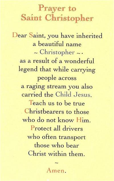 Prayer to Saint Christopher, Laminated Holy Card,. # 99932.