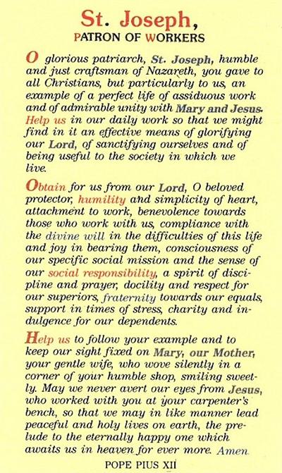 St. Joseph Patron of Workers Laminated Holy Card, # 99933
