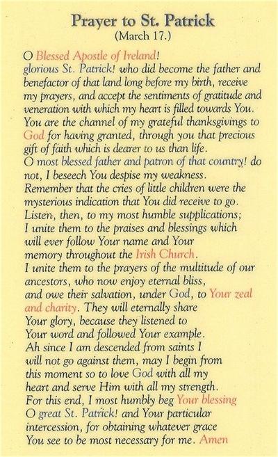 Prayer to St. Patrick Laminated Holy Card, # 99945