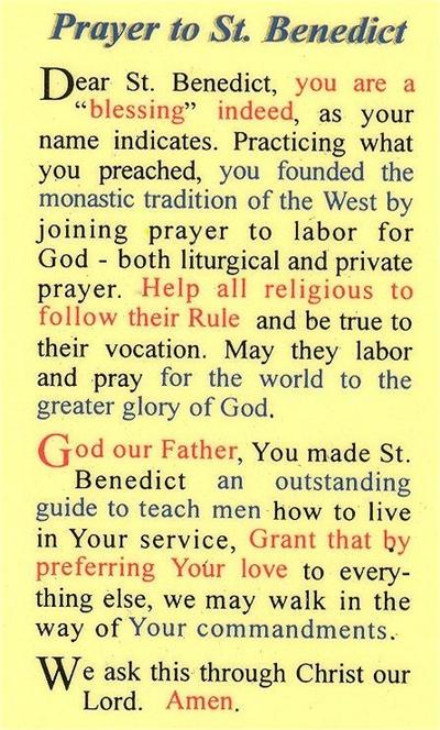 Prayer to St. Benedict Laminated Holy Card, # 99950