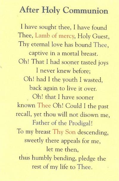 After Holy Communion Prayer, Laminated Holy Card,. # 99956