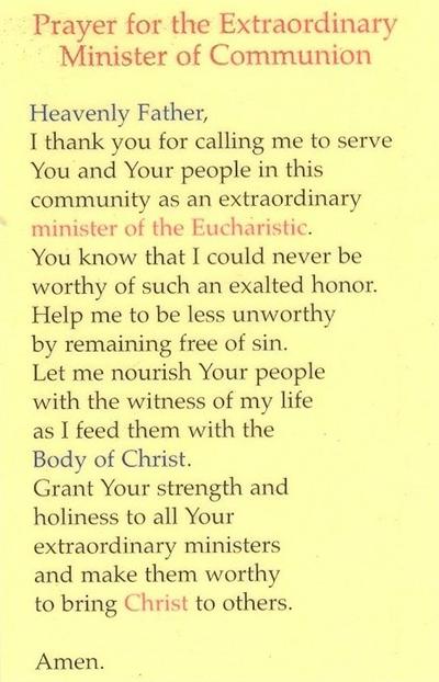 Prayer for the Extraordinary Minister of Communion, Laminated Holy Card,. # 99957