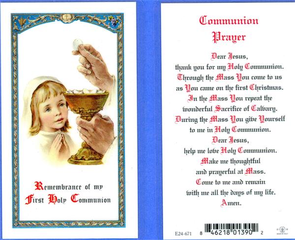 Communion Prayer For Girls Laminated Holy Card, # 99960