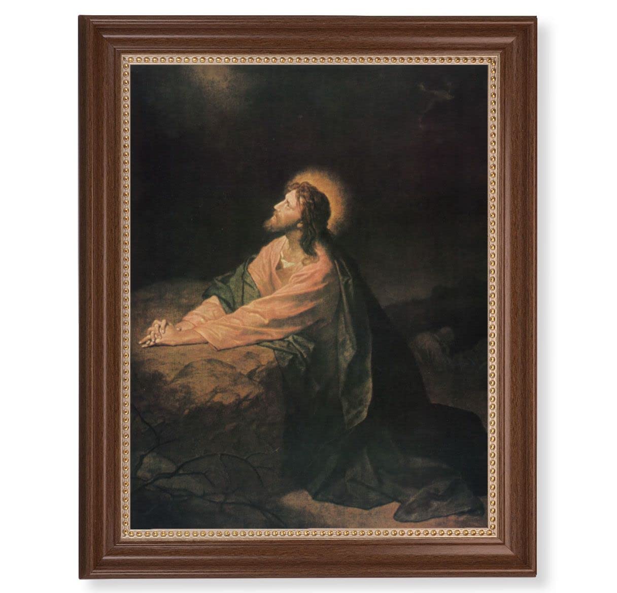 Hofmann: Gethsemane Picture, 13-1/2"x16-9/16 Walnut Finish Frame with Gold Beaded Lip, Textured Italian Print # 22286