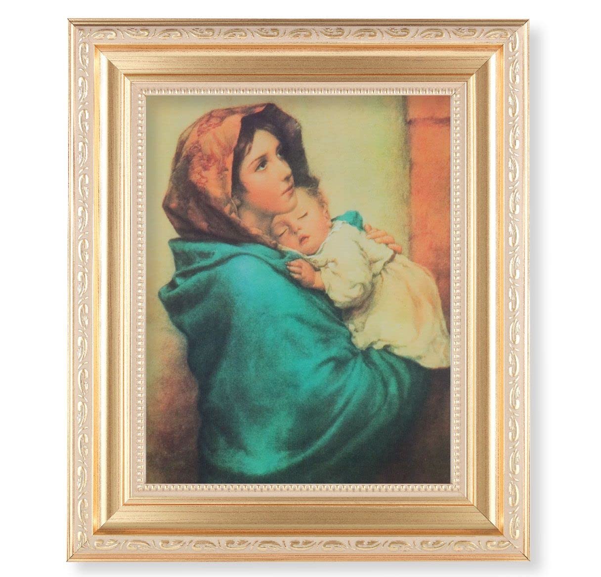 Madonna of The Streets, 11.5"x13.5" Satin Gold Frame, Distressed Finish with Scrollwork, Italian Print Under Glass # 26466