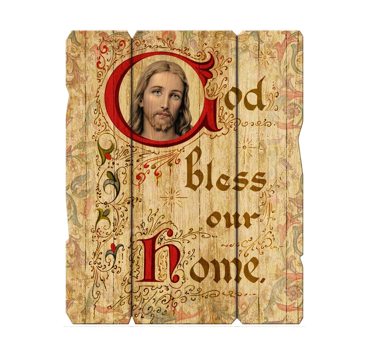God Bless Our Home Vintage Wooden Wall Plaque, 7.5"x9", # 1446