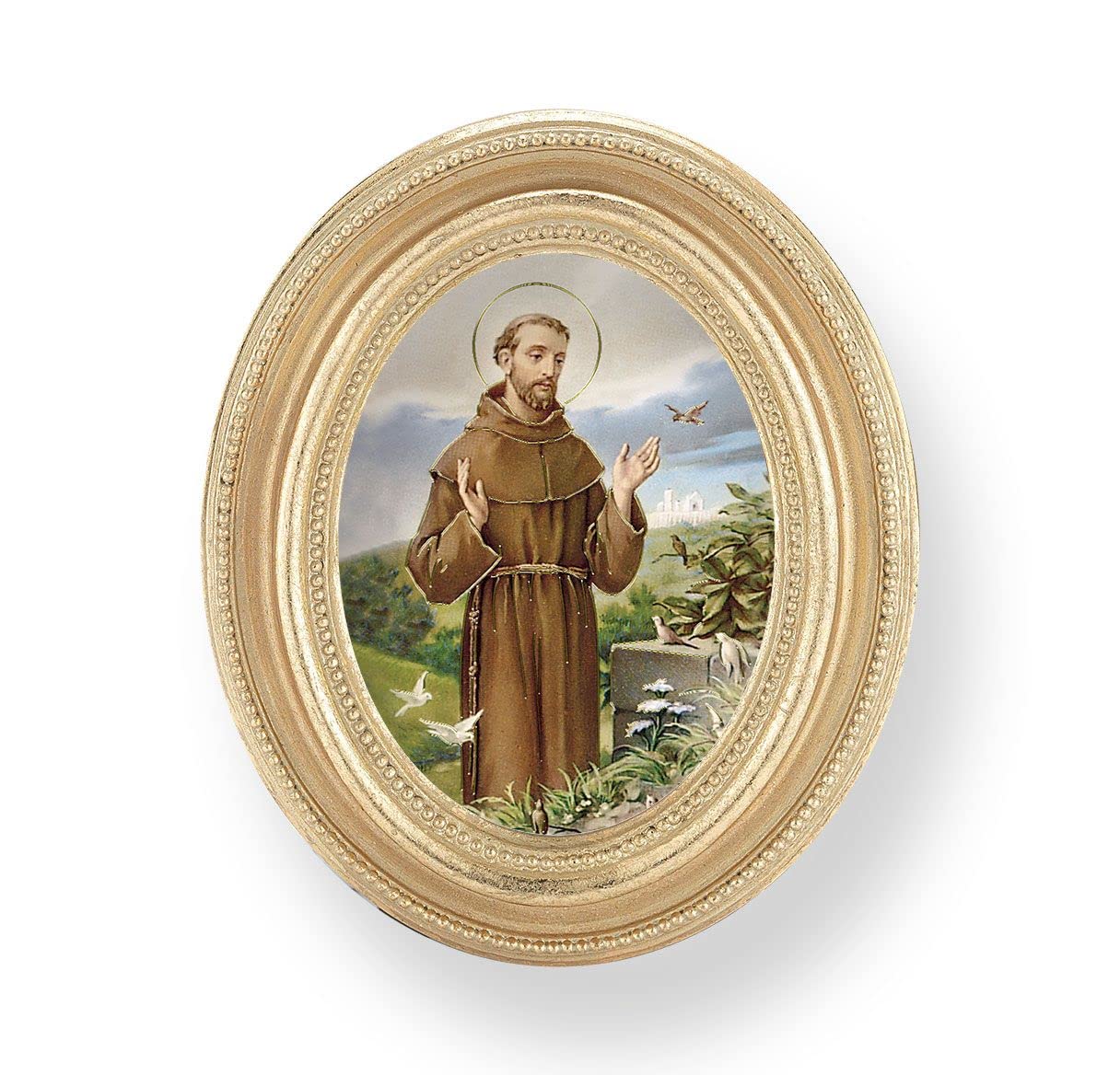 St. Francis of Assisi Picture, Gold Finish 3-3/4"x4-1/2 Oval Frame, Exclusive Gold Stamped Print Under Glass # 28423