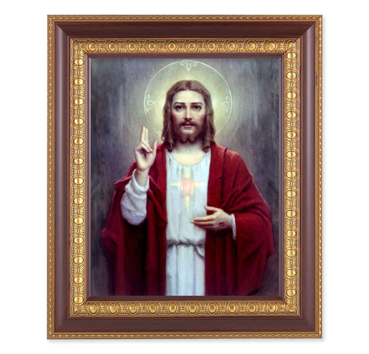 Chambers: Sacred Heart of Jesus, 11-1/2"x13-1/2, Cherry Finish with Gold Egg & Dart Frame, Italian Print Under Glass # 25966