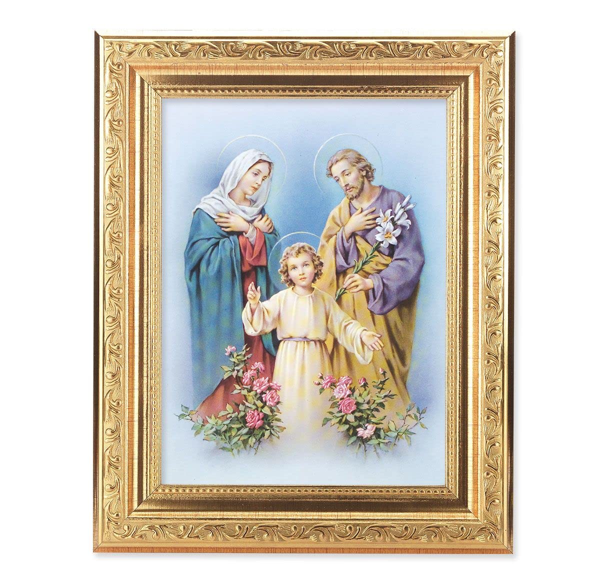 Holy Family Picture, 8-1/4"x10-1/4 Gold-Leaf Finish Acanthus Leaf Detail Under Glass # 27728