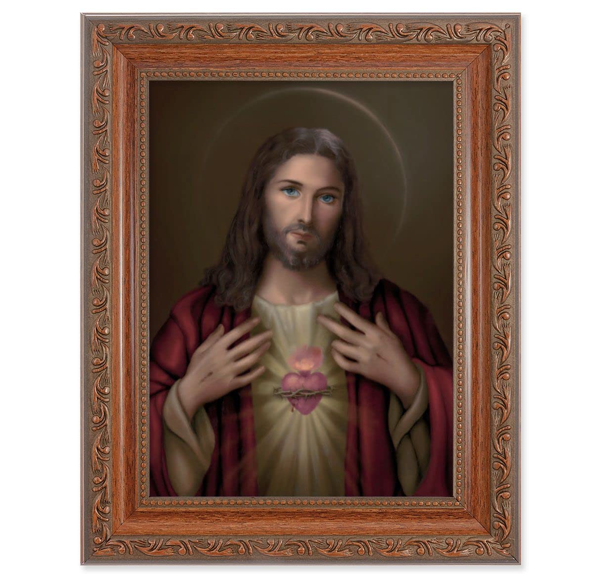 Sacred Heart of Jesus Picture, 8-1/4"x10-1/4 Mahogany Finish with Acanthus Leaf Detail Under Glass # 27781