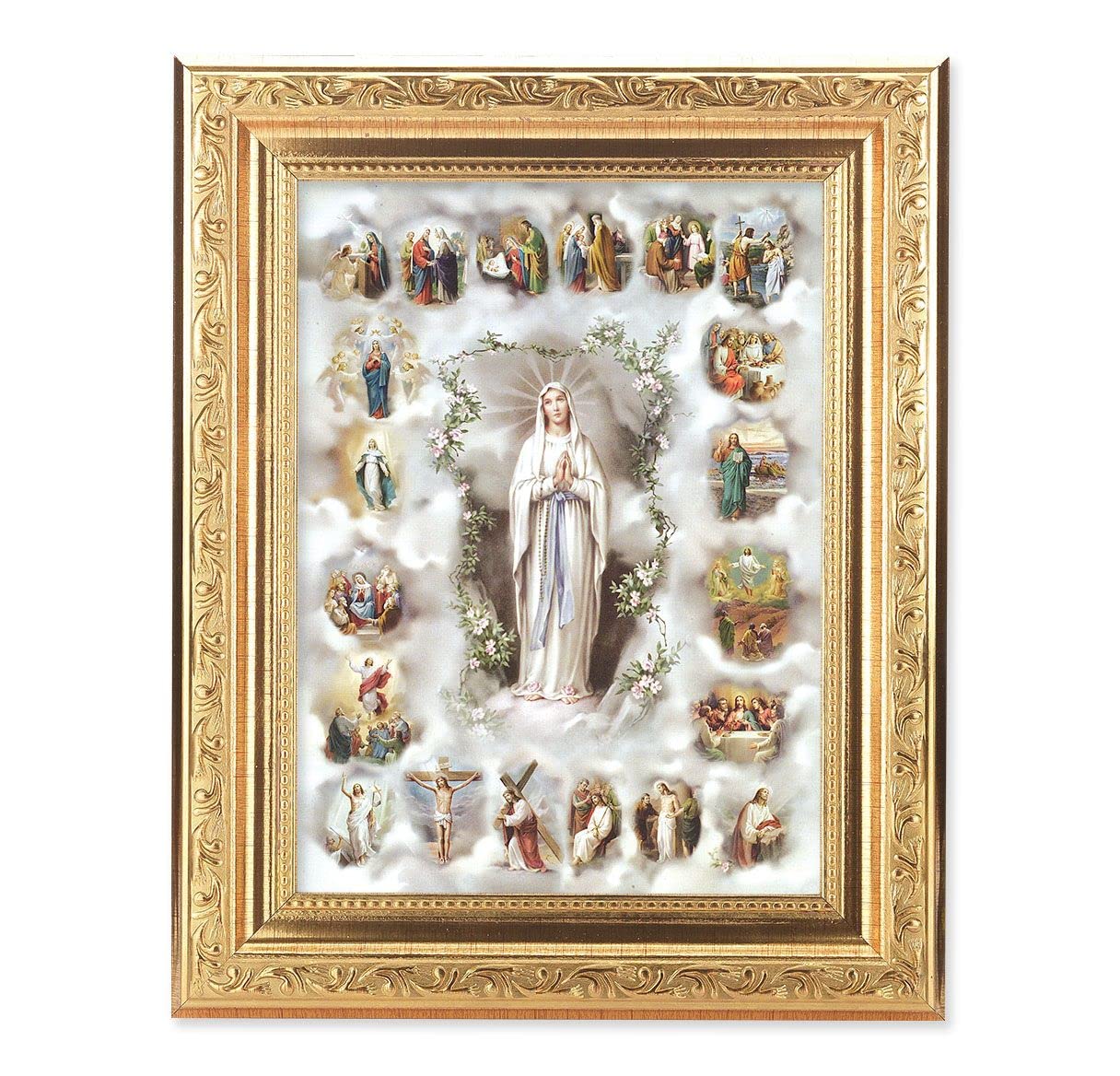 Mysteries of The Rosary Picture, 8-1/4"x10-1/4 Gold-Leaf Finish Acanthus Leaf Detail Under Glass # 27693