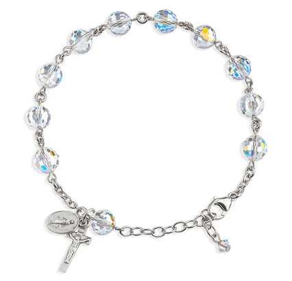 All Sterling Silver, 8mm Swarovski AB Fireball Rosary Bracelet, 7.5", # 29415