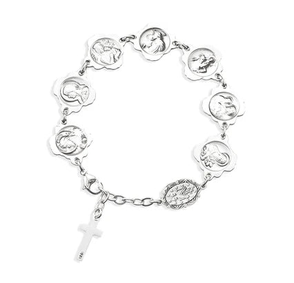 Solid Sterling Silver Double Rose Bud Bead Bracelet with Patron Saints, # 21914
