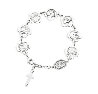 Solid Sterling Silver Double Rose Bud Bead Bracelet with Patron Saints, # 21914