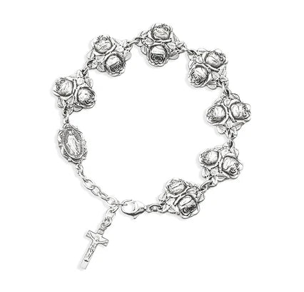 Solid Sterling Silver Double Rose Bud Bead Bracelet with Patron Saints, # 21914