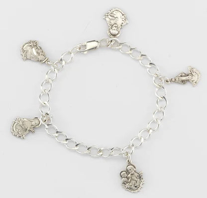 Solid Sterling Silver Charm Saint Medals Bracelet, # 21917
