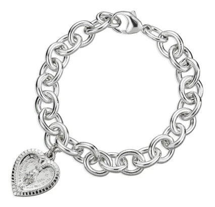 All Sterling Silver Miraculous Medal Heart Bracelet, 7.5", # 96745