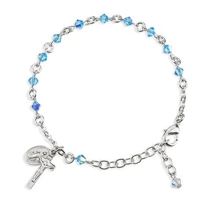 4mm Aqua Swarovski & Sterling Rosary Bracelet, 7.5" # 29382