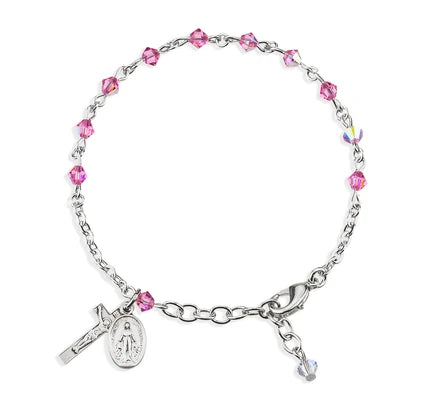 4mm Pink Swarovski & Sterling Rosary Bracelet, 7.5", # 29384