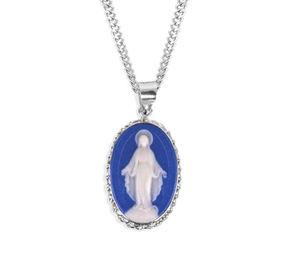 1-3/8" Sterling Silver & Blue Miraculous Medal Cameo, 24" Stainless Curb Chan, # 41792