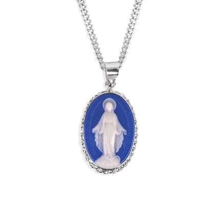 1-3/8" Sterling Silver & Blue Miraculous Medal Cameo, 24" Stainless Curb Chan, # 41792