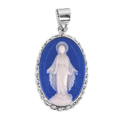1-3/8" Sterling Silver & Blue Miraculous Medal Cameo, 24" Stainless Curb Chan, # 41792