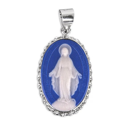 1-3/8" Sterling Silver & Blue Miraculous Medal Cameo, 24" Stainless Curb Chan, # 41792