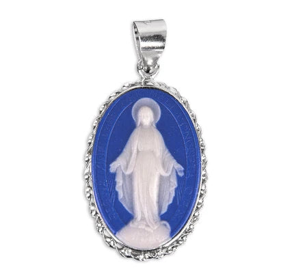 1-3/8" Sterling Silver & Blue Miraculous Medal Cameo, 24" Stainless Curb Chan, # 41792
