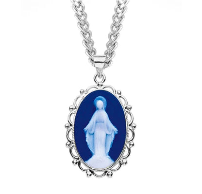 1-3/4" Sterling Silver & Blue Miraculous Medal Cameo, 24" Stainless Curb Chan, # 41793