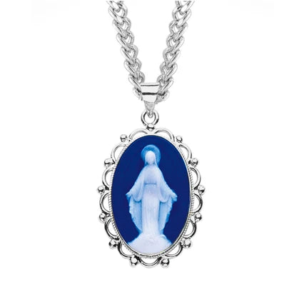 1-3/4" Sterling Silver & Blue Miraculous Medal Cameo, 24" Stainless Curb Chan, # 41793