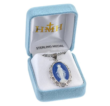 1-3/4" Sterling Silver & Blue Miraculous Medal Cameo, 24" Stainless Curb Chan, # 41793