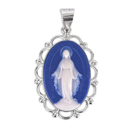 1-3/4" Sterling Silver & Blue Miraculous Medal Cameo, 24" Stainless Curb Chan, # 41793