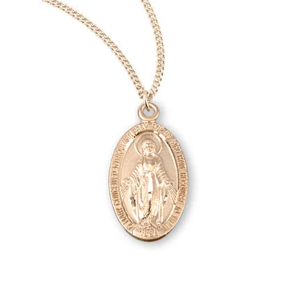 16kt Gold over Sterling Silver Miraculous medal, 3/4", 18" Gold Plated Curb Chain,  #104456