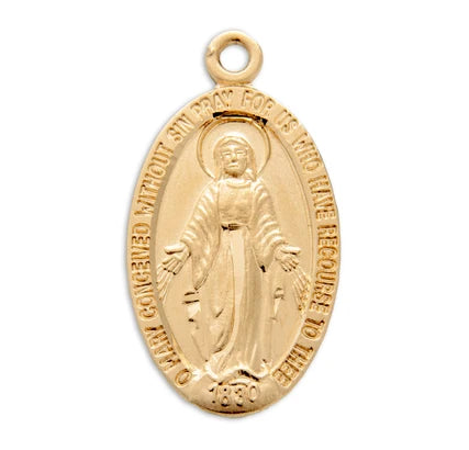 16kt Gold over Sterling Silver Miraculous medal, 3/4", 18" Gold Plated Curb Chain,  #104456