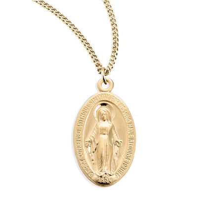 16kt Gold over Sterling Silver Miraculous medal, 1-1/16", 24" Gold Plated Curb Chain, #104455.