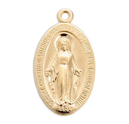 16kt Gold over Sterling Silver Miraculous medal, 1-1/16", 24" Gold Plated Curb Chain, #104455.