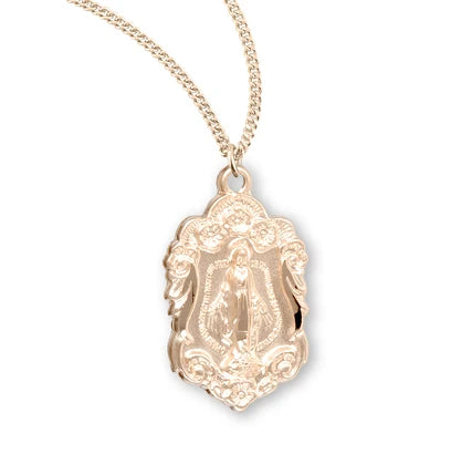 16kt Gold over Sterling Silver Ornate Miraculous Medal, 3/4", 18" Gold Plated Curb Chain, #104457