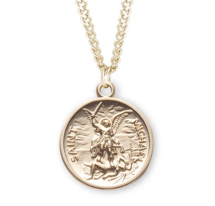 15/16" 16kt Gold over Sterling St. Michael Medal, 24" Gold Plated Curb Chain, # 41796