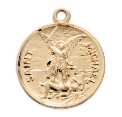 15/16" 16kt Gold over Sterling St. Michael Medal, 24" Gold Plated Curb Chain, # 41796
