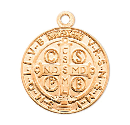 St. Benedict Medal, 16kt Gold over Sterling, 9/16" dia., 18" Gold Plated Curb Chain, # 41798