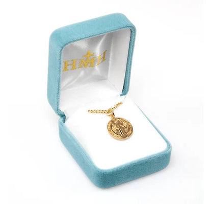 St. Benedict Medal, 16kt Gold over Sterling, 9/16" dia., 18" Gold Plated Curb Chain, # 41798