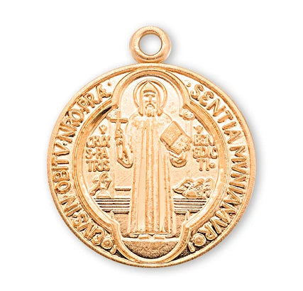 St. Benedict Medal, 16kt Gold over Sterling, 9/16" dia., 18" Gold Plated Curb Chain, # 41798