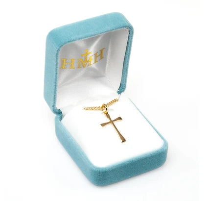 Cross, 7/8" 16kt Gold over Sterling Silver, 18" Gold Plated Curb Chain, # 41801.