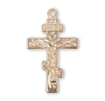 3/4" Orthodox Crucifix, 16Kt Gold over Sterling, 18" Gold Plated Curb Chain, # 41805.