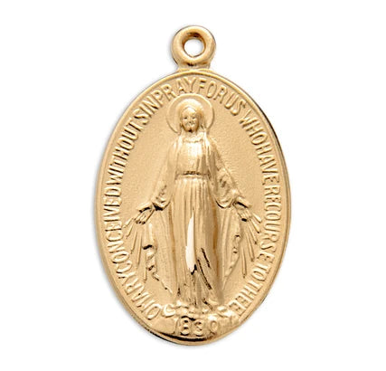 16kt Gold over Sterling Silver Miraculous Medal, 13/16", 18" Gold Plated Curb Chain, #104452.
