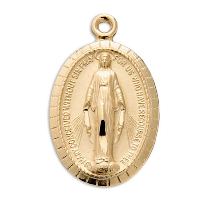 16kt Gold over Sterling Silver Miraculous Medal, 3/4", 18" Gold Plated Curb Chain, #104474,